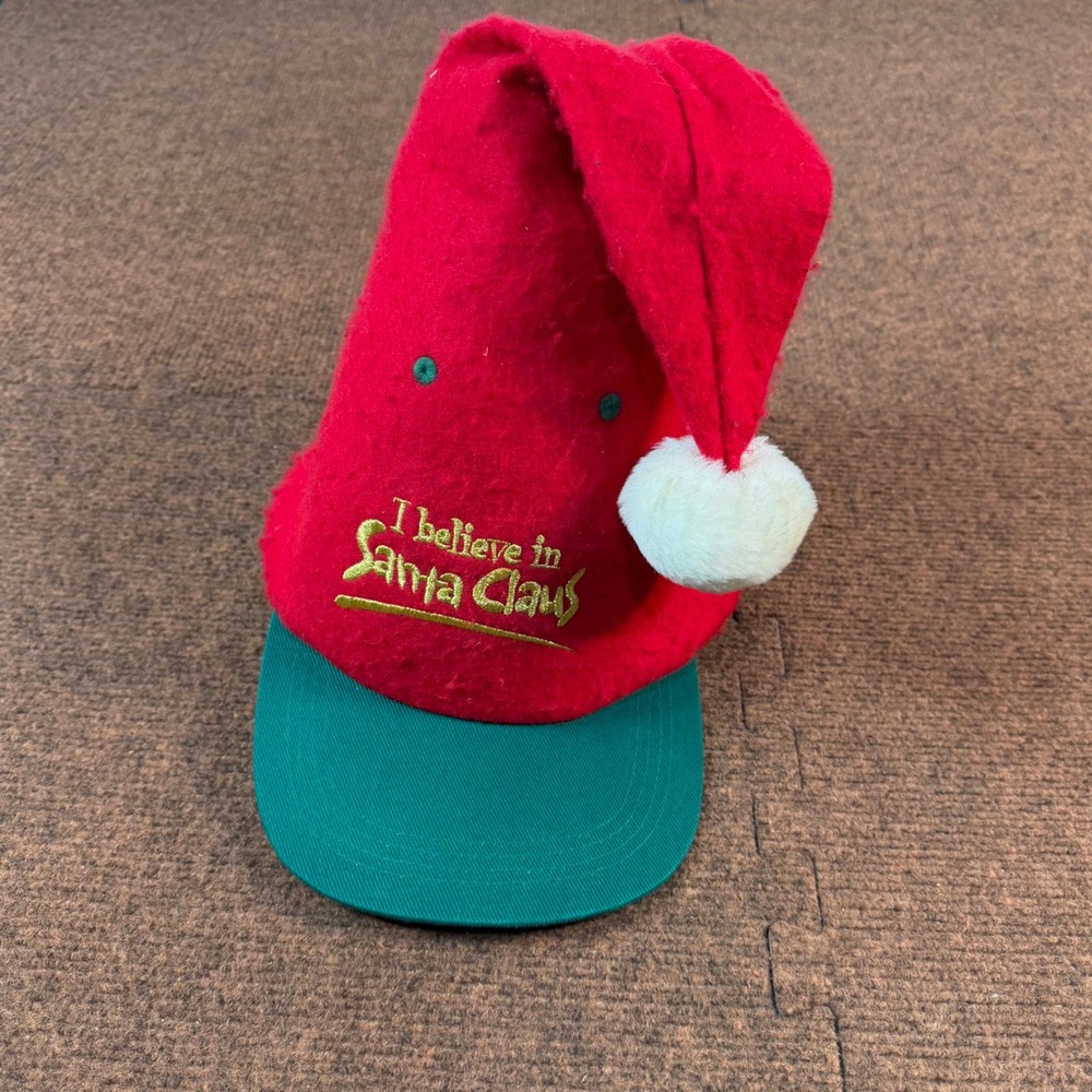 Vintage Santa Cap I Believe in Santa Claus Floppy Snapback Hat Red Green Pom Pom